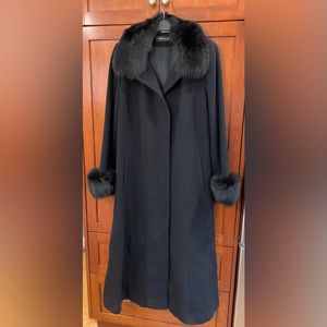 Black wool/cashmere fox trimmed winter coat.